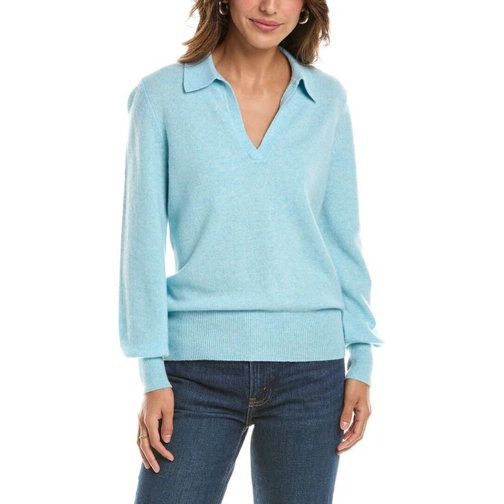 Forte Cashmere Womens  Split Neck 100% Cashmere Polo Sweater, Blue